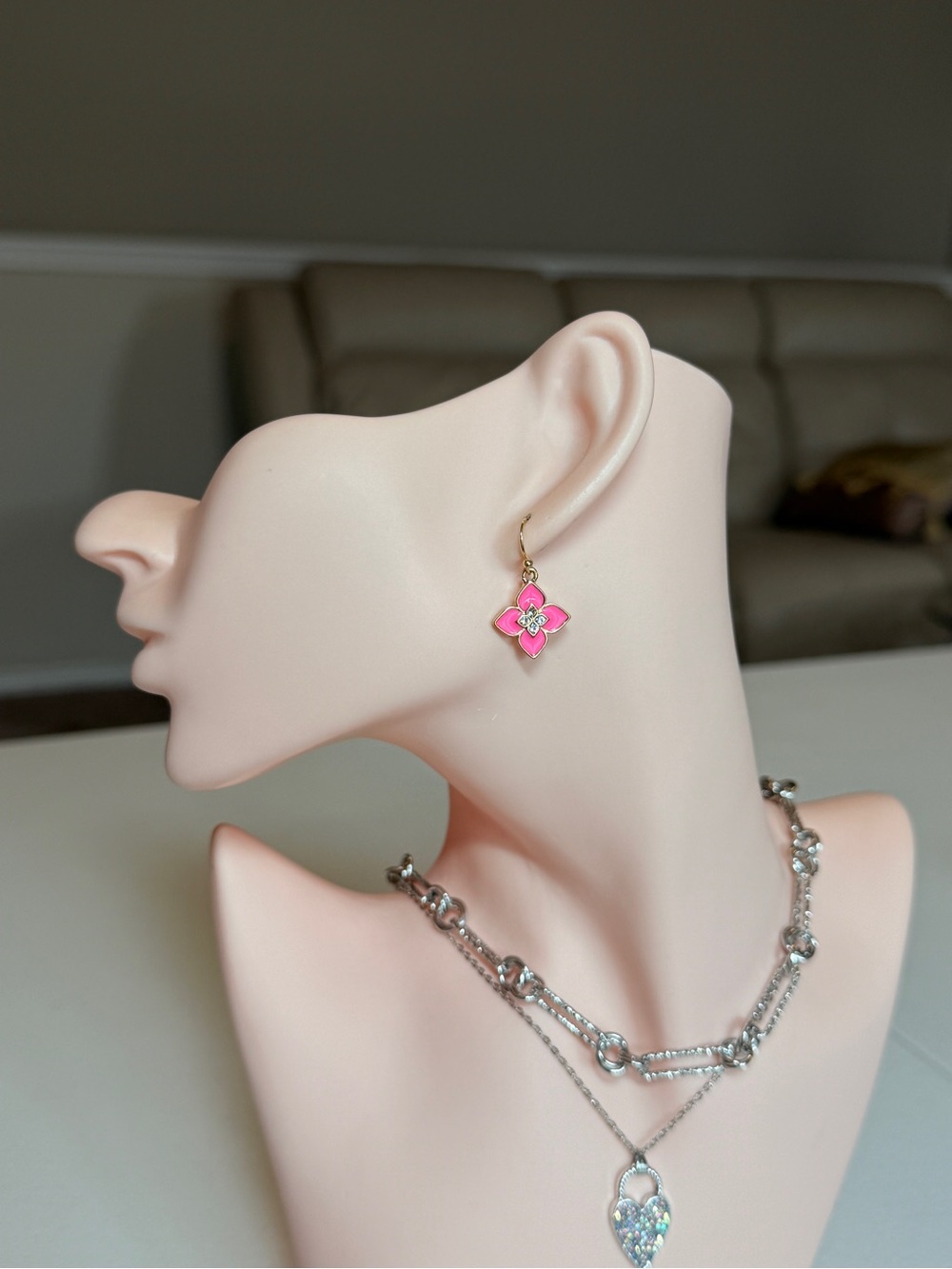 Gold Pink Enamel Flower Drop Earrings with CZ - Picture 4 of 12
